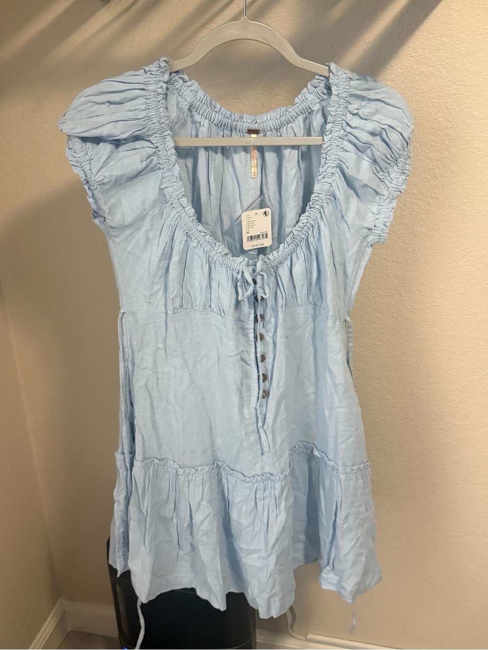 Free People NWT Dewshine Mini Dress Sky Blue Linen Blend Puff Sleeve Medium
